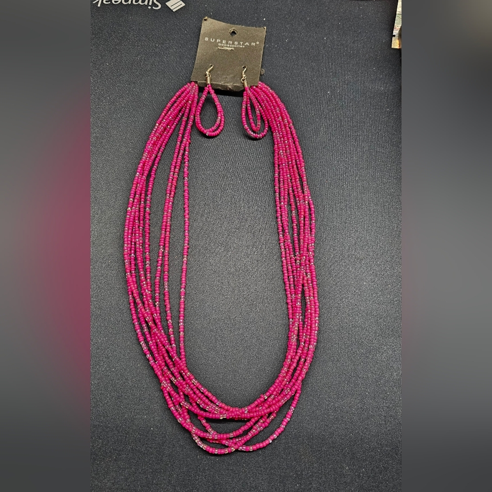 Superstar Hot Pink & Silver Beaded Necklaces & Earrings New